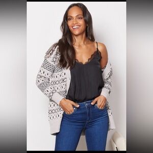 Evereve Fair Isle Tunic Cardigan in Black / Gray Size XS